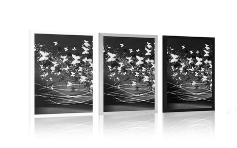 POSTER SCHÖNER HIRSCH MIT SCHMETTERLINGEN IN SCHWARZ-WEISS - SCHWARZ-WEISS - POSTER
