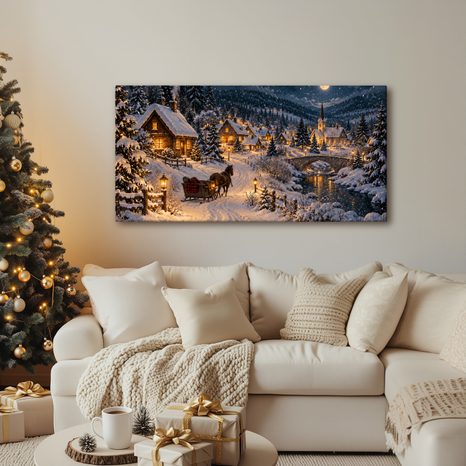 CANVASTAVLA SNÖTÄCKT BERGSBY OM NATTEN - JUL- OCH VINTERTAVLOR - TAVLOR