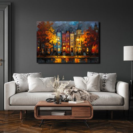 OBRAZ PODZIMNÍ ULICE S DOMY - BAREVNÉ DOMY - OBRAZY