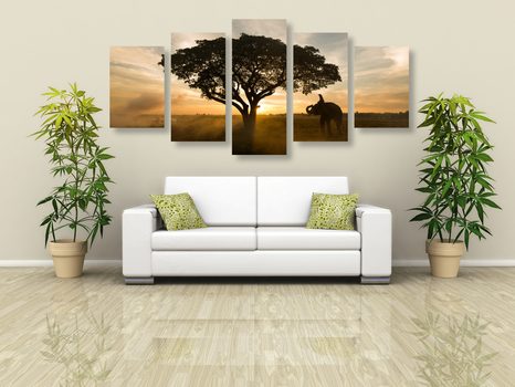 TABLOU 5-PIESE ELEFANT LA RĂSĂRITUL DE SOARE - TABLOU NATURĂ ȘI PEISAJE NATURALE - TABLOURI