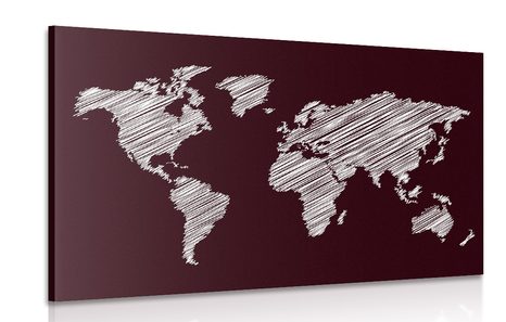 CANVAS PRINT HATCHED MAP OF THE WORLD ON A BURGUNDY BACKGROUND - PICTURES OF MAPS - PICTURES