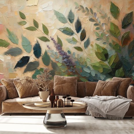 SAMOLEPÍCÍ TAPETA MALÍŘSKÉ ZELENÉ LISTY NA BÉŽOVÉM POZADÍ - TAPETY LISTY - TAPETY