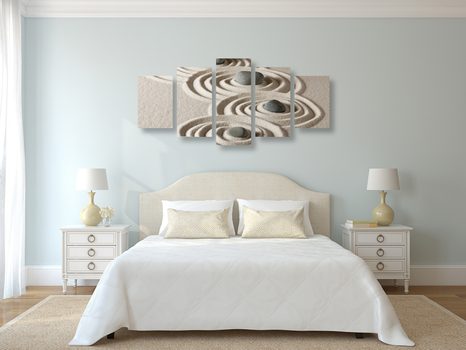 QUADRI 5 PEZZI – PIETRE ZEN IN CERCHI DI SABBIA - QUADRI FENG SHUI - STAMPE E QUADRI