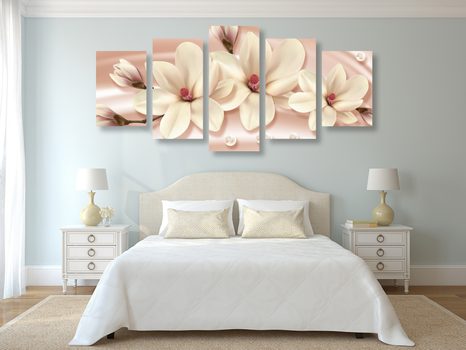 QUADRI 5 PEZZI – MAGNOLIA DI LUSSO CON PERLE - QUADRI DI FIORI - STAMPE E QUADRI
