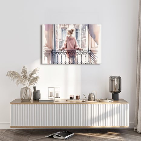 SLIKA DJEVOJKA U RUŽIČASTOM DŽEMPERU NA BALKONU - SLIKE ŽENY - SLIKE