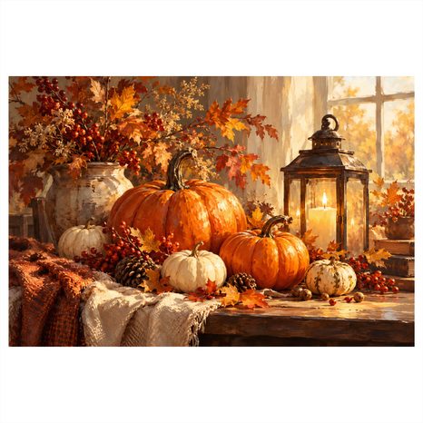 QUADRO SU TELA – ZUCCHE AUTUNNALI E LANTERNA CALDA - QUADRI HALLOWEEN E HORROR - STAMPE E QUADRI