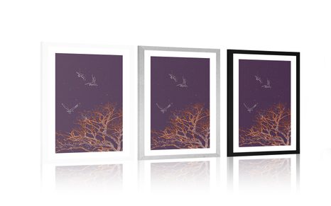 POSTER MIT PASSEPARTOUT FLIEGENDE VÖGEL ÜBER EINEM BAUM - MOTIVE AUS UNSERER WERKSTATT - POSTER