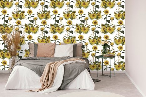 CARTA DA PARATI – GIRASOLI SU SFONDO BIANCO - CARTA DA PARATI CON FIORI - CARTA DA PARATI