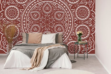 TAPETE ZARTES ETHNISCHES MANDALA IN WEINROT - TAPETEN MIT FENG SHUI-MOTIVEN - TAPETEN