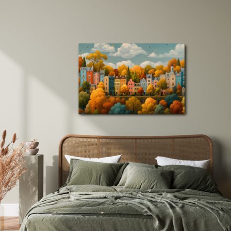 WANDBILD HERBSTSTADT ZWISCHEN BÄUMEN - BUNTE HÄUSER - BILDER