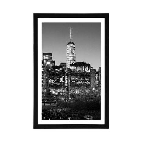 PLAKAT S PASPARTUOM CENTAR NEW YORKA U CRNO-BIJELOM DIZAJNU - CRNO-BIJELE - PLAKATI