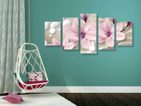 5-CZĘŚCIOWY OBRAZ MAGNOLIA NA ABSTRAKCYJNYM TLE - OBRAZY KWIATÓW - OBRAZY