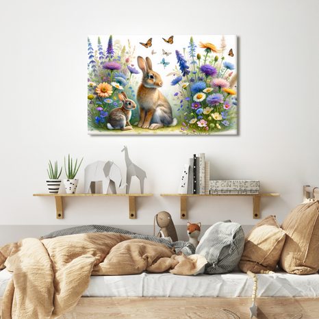 OBRAZ KRÁLÍČCI V JARNÍ KVĚTINOVÉ LOUCE - DĚTSKÉ OBRAZY ZVÍŘÁTKA - OBRAZY