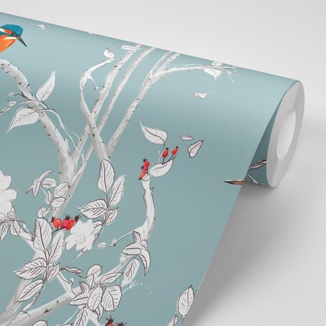 TAPETA PTÁČCI V HUSTÉM LESE S MODRÝM POZADÍM - VINTAGE A RETRO TAPETY - TAPETY