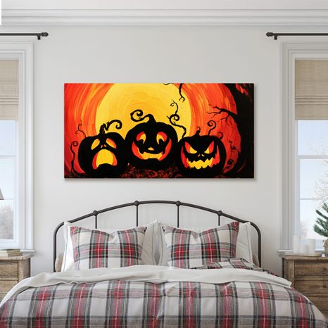 WANDBILD UNHEIMLICHE KÜRBISSE UNTER DEM MOND - HALLOWEEN- UND HORROR-BILDER - BILDER