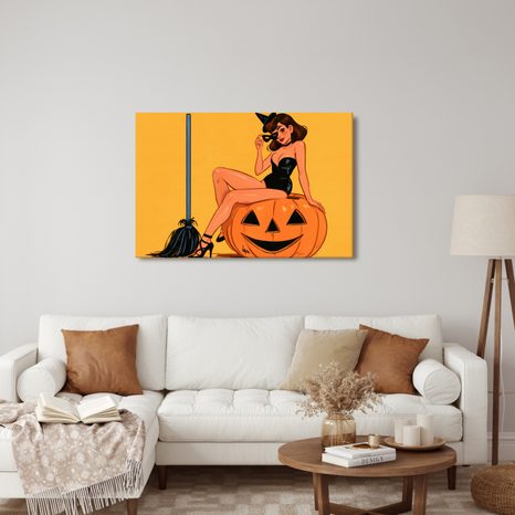 WANDBILD SEXY HEXE AUF EINEM KÜRBIS - HALLOWEEN- UND HORROR-BILDER - BILDER