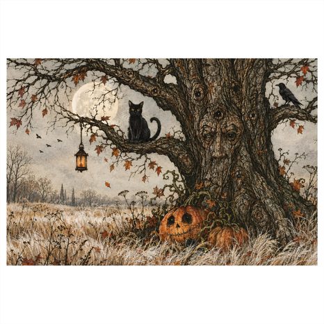 WANDBILD LEBENSBAUM MIT SCHWARZER KATZE - HALLOWEEN- UND HORROR-BILDER - BILDER