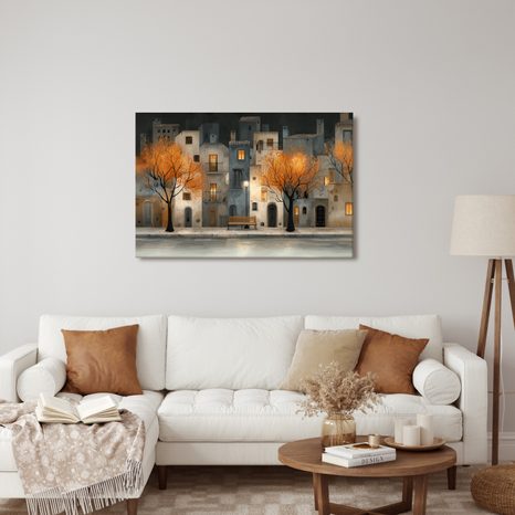 WANDBILD HERBSTABEND IN DER STADT - BUNTE HÄUSER - BILDER