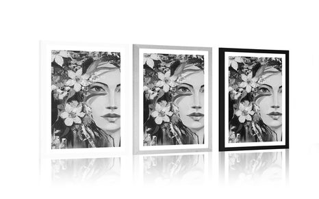 PLAKAT S PASPARTUJEM ORIGINALNA SLIKA ŽENSKE V ČRNOBELI VARIANTI - ČRNOBELI - PLAKATI