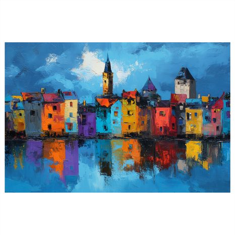 OBRAZ BAREVNÁ MĚSTSKÁ PANORÁMA - BAREVNÉ DOMY - OBRAZY