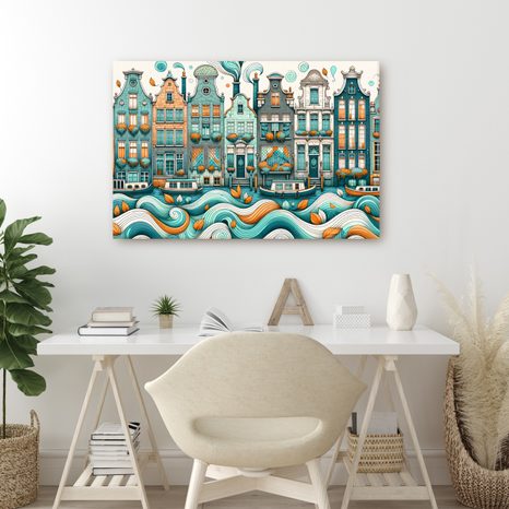 TABLOU CASE COLORATE LÂNGĂ UN CANAL ONDULAT - TABLOURI CU ORAȘE - TABLOURI