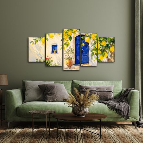 5-TEILIGES WANDBILD ZITRONENBAUM AN BLAUER TÜR - BILDER VON STÄDTEN - BILDER