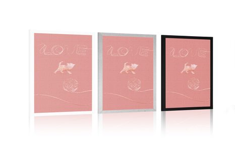 PLAKÁT KOČIČKA S KLUBÍČKEM A NÁPISEM LOVE - MOTIVY Z NAŠÍ DÍLNY - PLAKÁTY