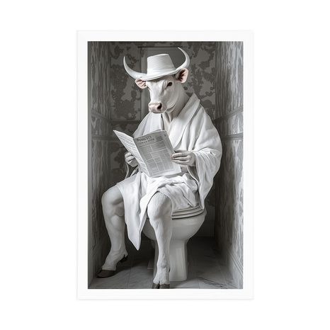 PLAGÁT BIELY BÝK S NOVINAMI NA ZÁCHODE - BYVOLY A KRAVY - PLAGÁTY