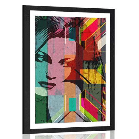 POSTER MIT PASSEPARTOUT FRAUENPORTRÄT AUF BUNTEM HINTERGRUND - POP-ART - POSTER