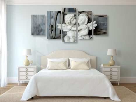 TABLOU 5-PIESE STATUETE DE ÎNGERAȘI PE BANCĂ - TABLOURI CU ÎNGERI - TABLOURI