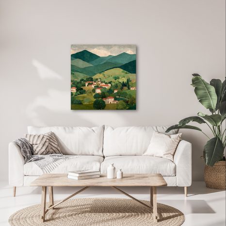 WANDBILD GRÜNE HÜGEL UND HÄUSER - BUNTE HÄUSER - BILDER