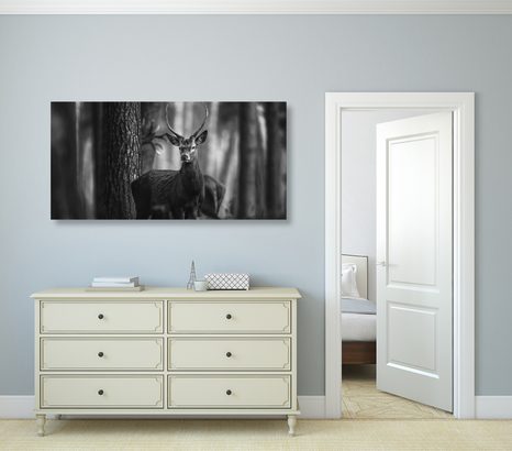 OBRAZ JELEŃ W LESIE W WERSJI CZARNO-BIAŁEJ - OBRAZY CZARNO-BIAŁE - OBRAZY