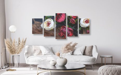 5-TEILIGES WANDBILD FLORALE WEINLESE - BILDER BLUMEN - BILDER