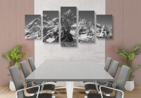 5-TEILIGES WANDBILD PRÄCHTIGER BERGGIPFEL IN SCHWARZ-WEISS - SCHWARZ-WEISSE BILDER - BILDER