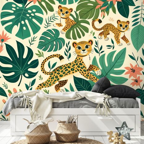 SELBSTKLEBENDE TAPETE NIEDLICHE LEOPARDENBABYS IM DSCHUNGEL - KINDERTAPETEN - TAPETEN