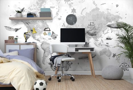 CARTA DA PARATI AUTOADESIVA – MAPPA DISEGNATA BIANCO-GRIGIA - CARTA DA PARATI AUTOADESIVE - CARTA DA PARATI