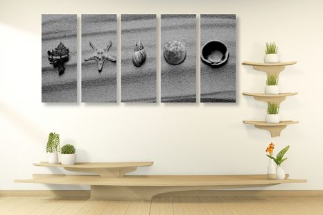 TABLOU 5-PIESE SCOICI PE O PLAJĂ CU NISIP ÎN DESIGN ALB-NEGRU - TABLOURI ALB-NEGRU - TABLOURI