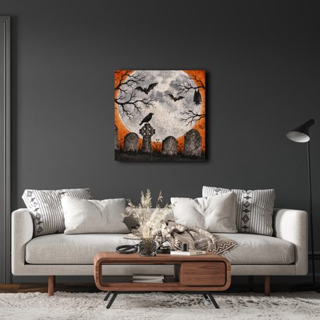 WANDBILD RABE UND FLEDERMÄUSE ÜBER GRÄBERN - HALLOWEEN- UND HORROR-BILDER - BILDER