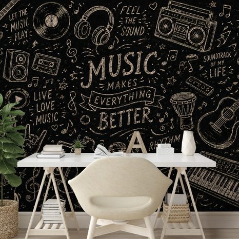 SELBSTKLEBENDE TAPETE MUSIKINSTRUMENTE UND ZITATE AUF SCHWARZ - MUSIK FOTOTAPETEN - TAPETEN