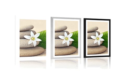 POSTER WITH MOUNT WHITE FLOWER AND STONES IN THE SAND - FENG SHUI - POSTERS
