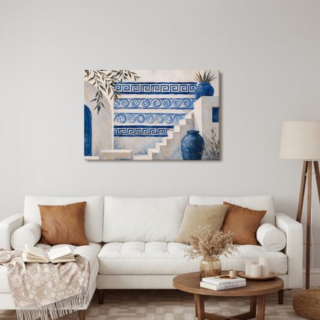 TABLEAU SUR TOILE – ESCALIER GREC EN ÉLÉGANCE BLEU ET BLANC - TABLEAUX DE LA VILLE - TABLEAUX