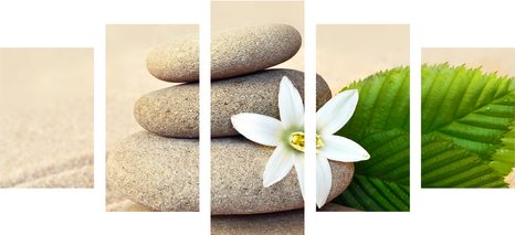 5-DÍLNÝ OBRAZ BÍLÝ KVĚT A KAMENY V PÍSKU - OBRAZY FENG SHUI - OBRAZY