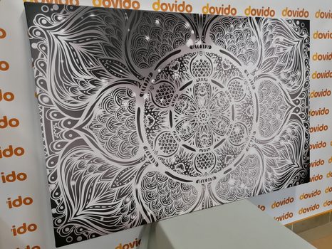 TABLOU MANDALA INDIANĂ CU UN FUNDAL GALACTIC ÎN ALB ȘI NEGRU - TABLOURI ALB-NEGRU - TABLOURI