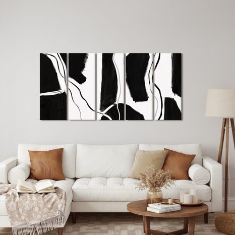 TABLEAU EN 5 PARTIES – LIGNES ABSTRAITES EN NOIR ET BLANC - IMAGES FORMES ABSTRAITES - TABLEAUX