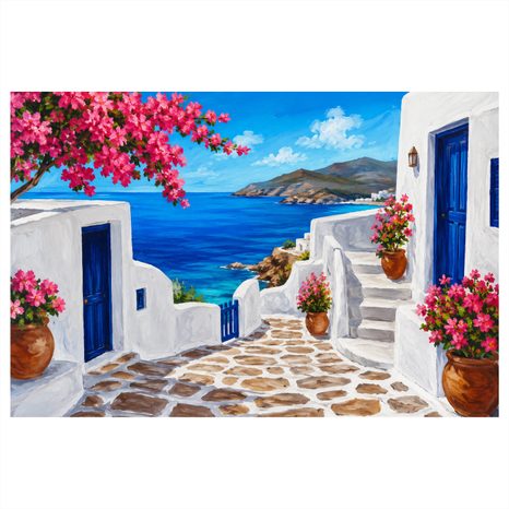 TABLEAU SUR TOILE – RUELLE EN BORD DE MER AUX FLEURS ROSES - TABLEAUX DE LA MER ET DE LA PLAGE - TABLEAUX