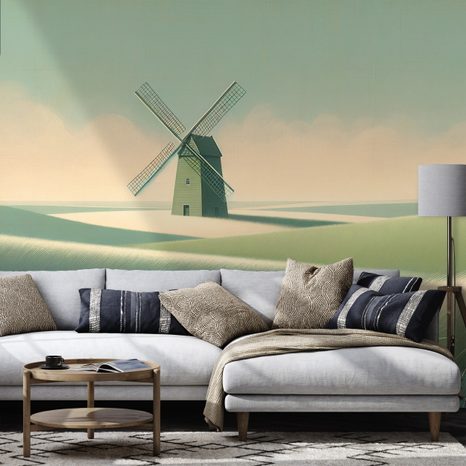 SELBSTKLEBENDE FOTOTAPETE LANDSCHAFT MIT WINDMÜHLE - TAPETEN FELDER UND WIESEN - TAPETEN