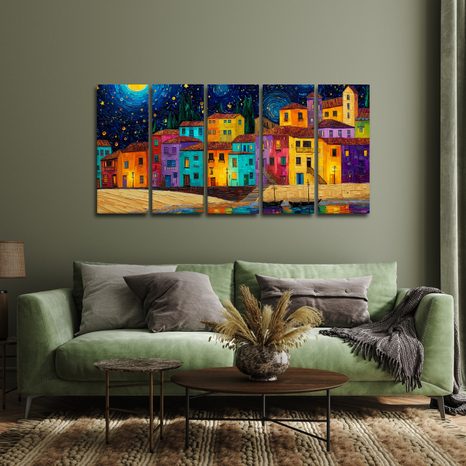 5-DÍLNÝ OBRAZ KOUZELNÁ NOČNÍ VESNICE - BAREVNÉ DOMY - OBRAZY
