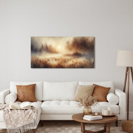 WANDBILD NEBEL ÜBER DEM SCHILF - BILDER VON SONNENAUFGANG UND SONNENUNTERGANG - BILDER