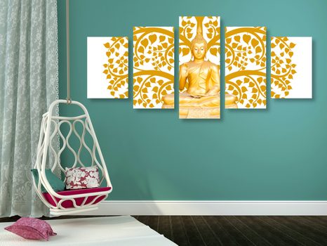 5-CZĘŚCIOWY OBRAZ BUDDA Z DRZEWEM ŻYCIA - OBRAZY FENG SHUI - OBRAZY