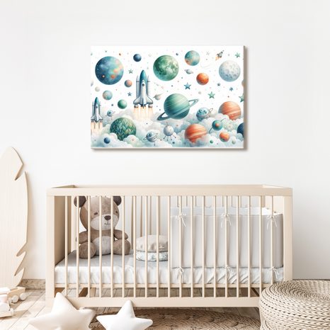 WANDBILD RAKETE ZWISCHEN PLANETEN - KINDERBILDER WELTRAUM - BILDER